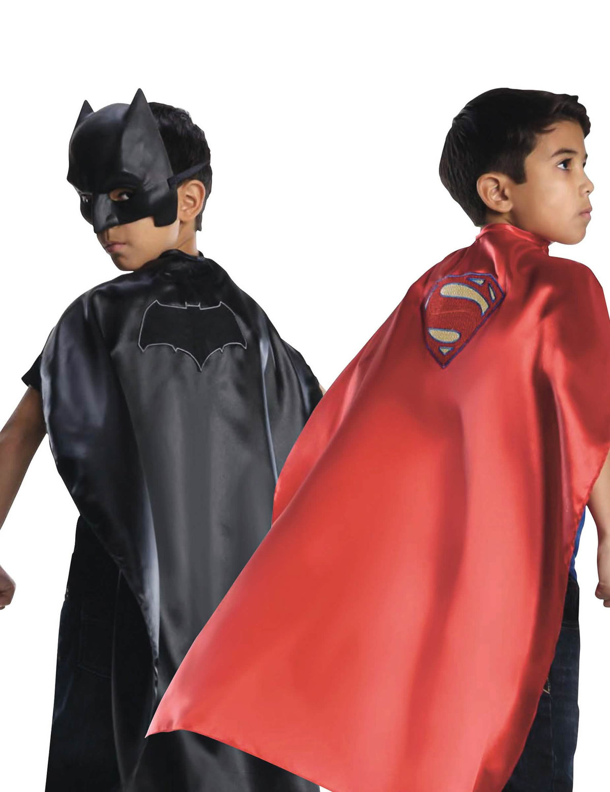 Capa reversível Batman VS Superman para criança preta e vermelha com logótipo e máscara