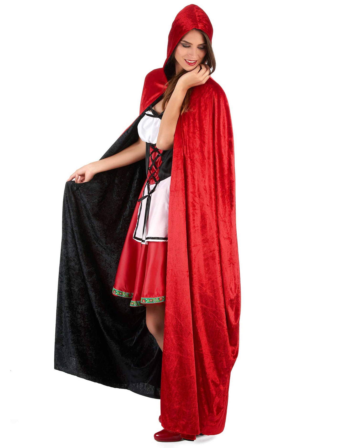Détail de la doublure noire réversible de la cape de vampire pour adulte