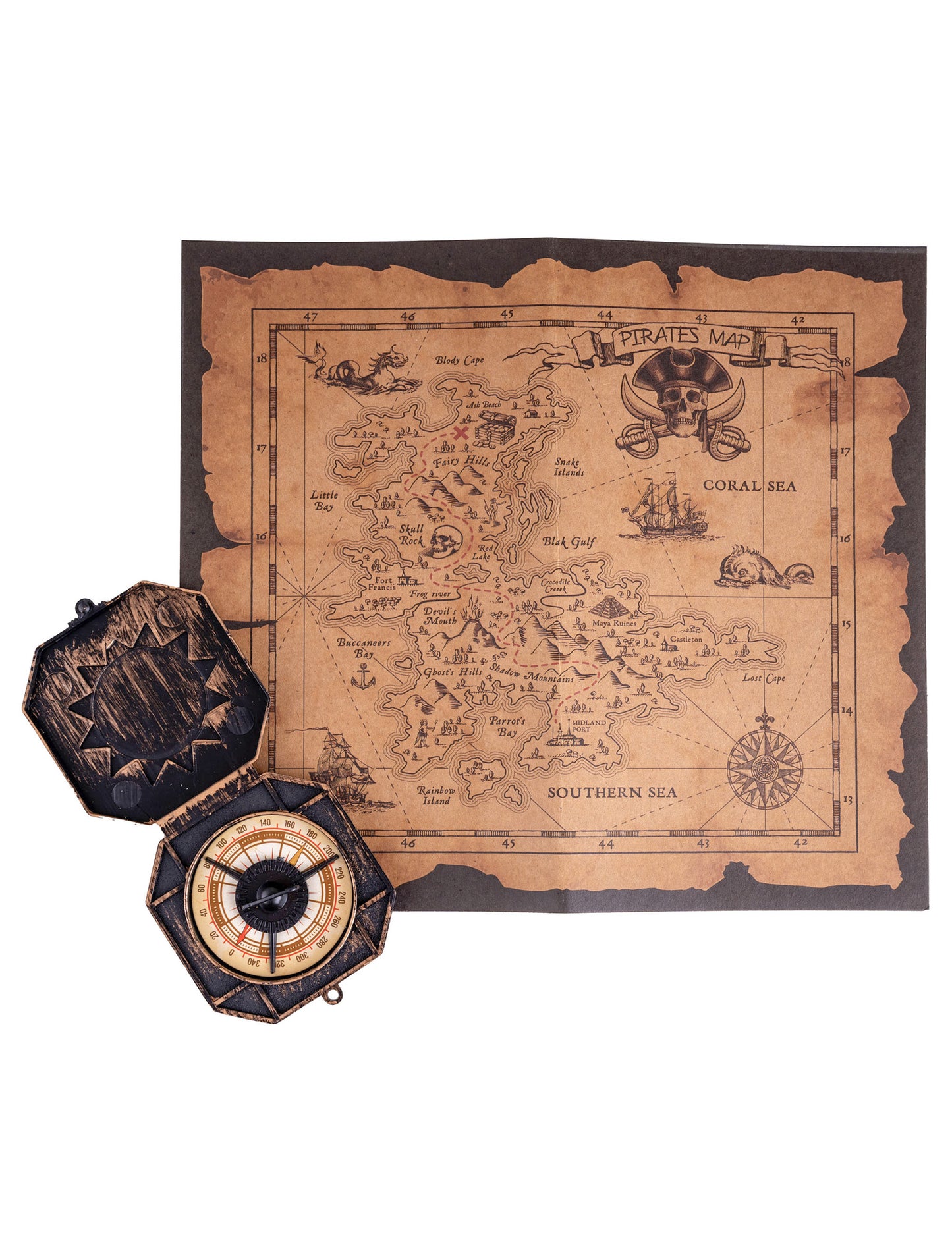 Carte au trésor pirate pour enfant et adulte marron avec boussole