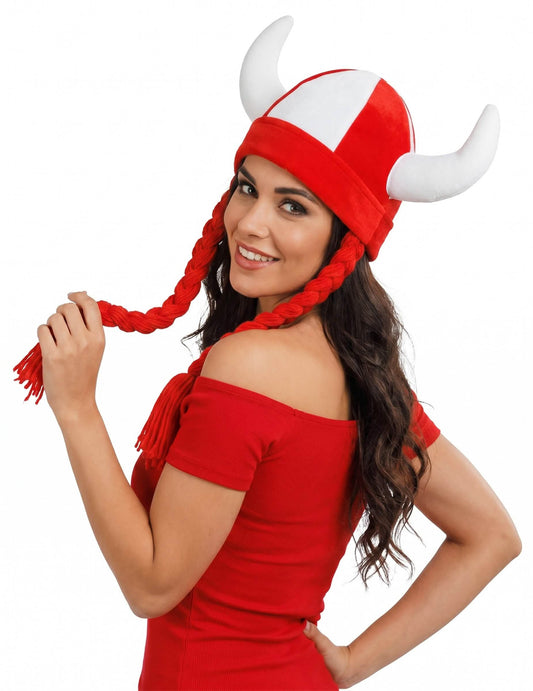 Capacete de tecido com chifres e tranças adepto branco e vermelho