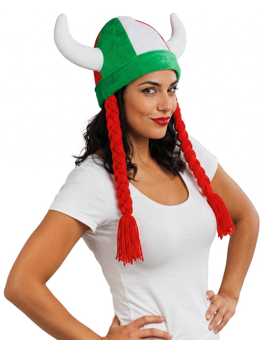 Capacete de tecido com chifres e tranças de adepto verde branco vermelho Itália
