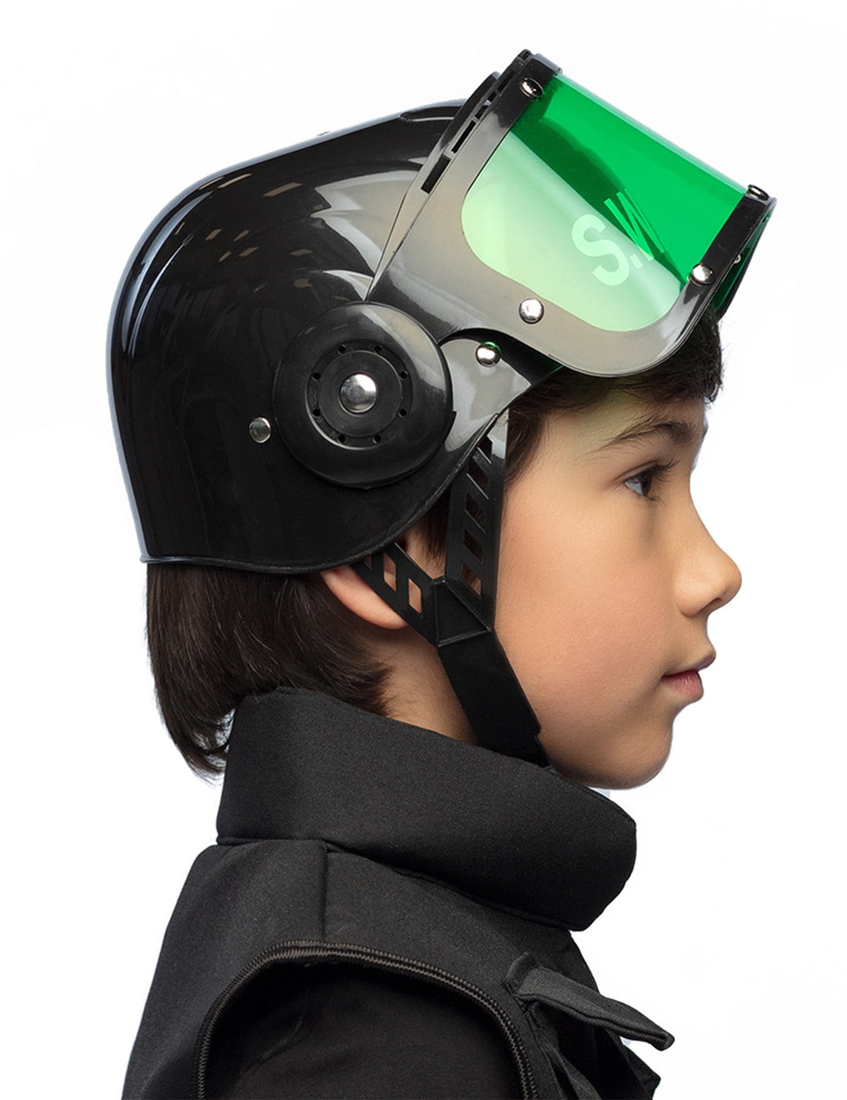 Vista de perfil do capacete SWAT para criança