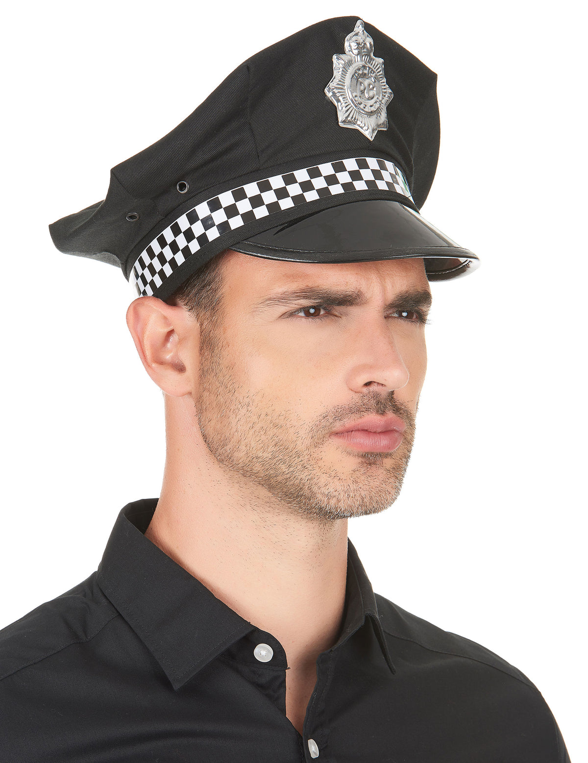 Vista de perfil da boina de polícia inglesa para adulto