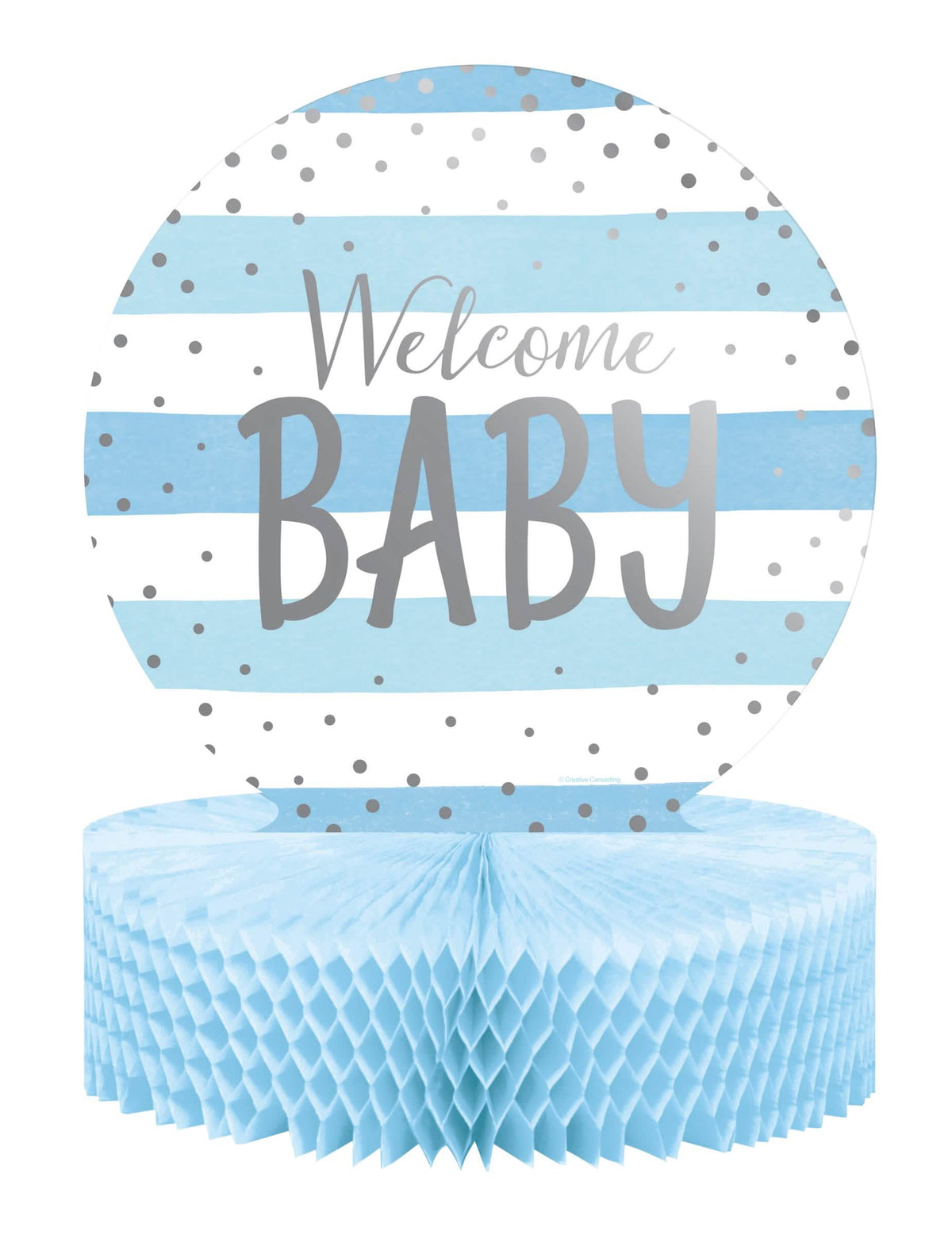 Centro de mesa de papel alveolado Welcome Baby para baby shower azul e branco