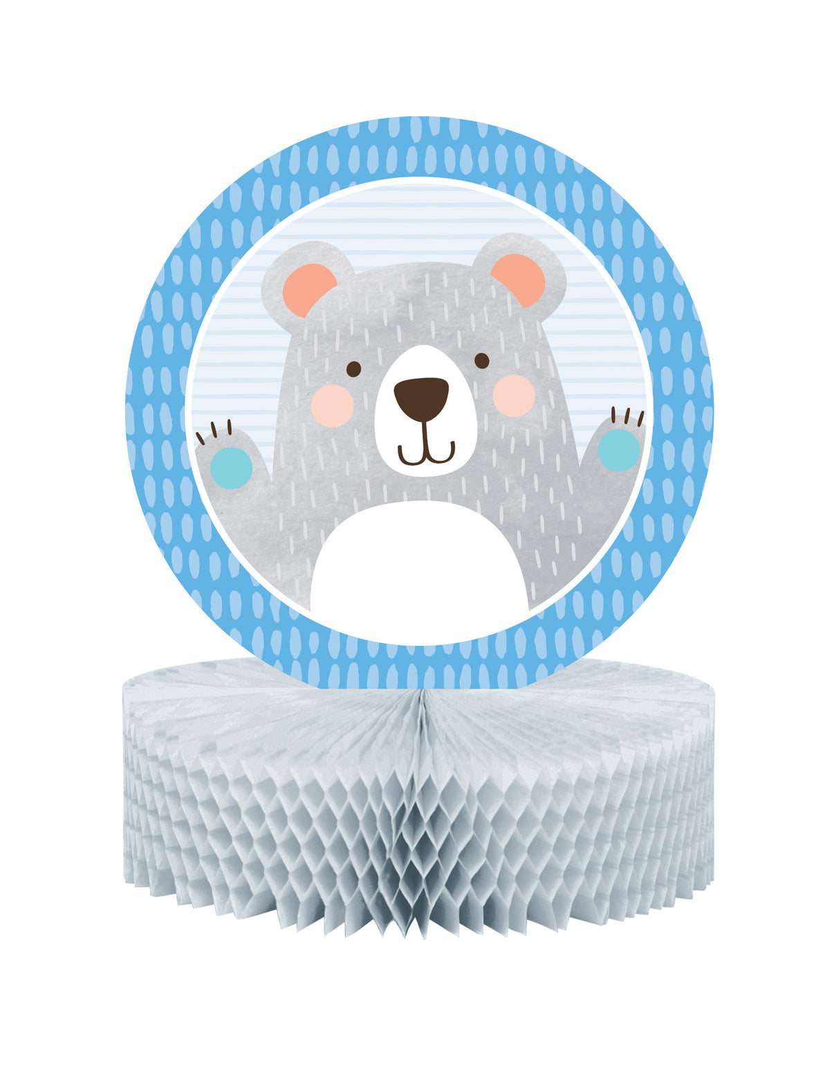 Centro de mesa em papel alveolado pequeno urso para baby shower cinzento e azul