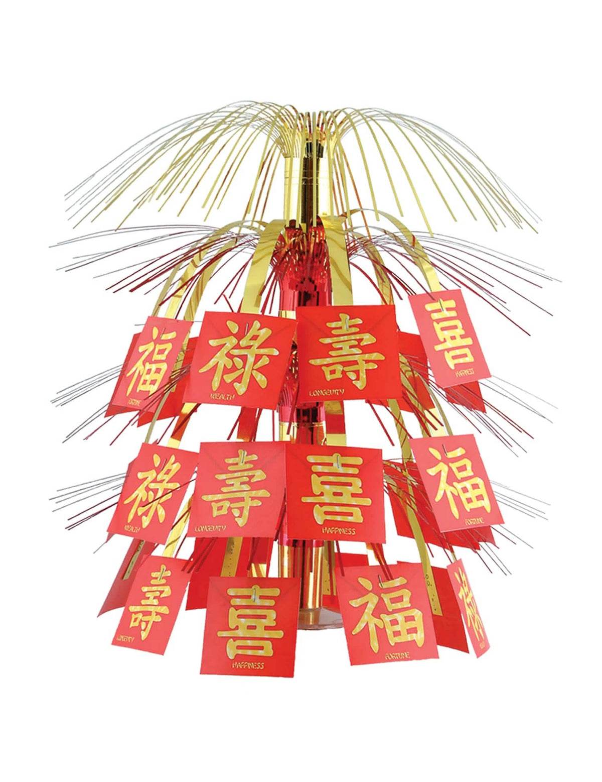 Centro de mesa de reveillon chinês vermelho e dourado com símbolos de sorte