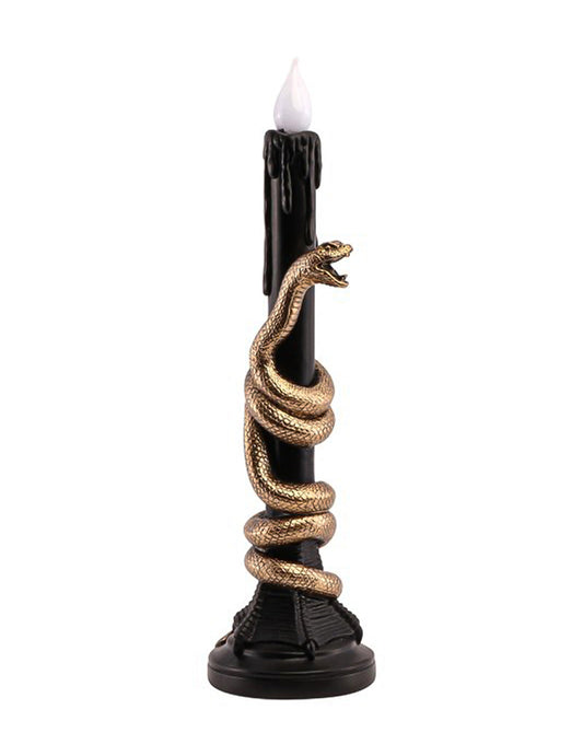 Castiçal decorativo em resina preto com serpente dourada e LED 11 x 11 x 41 cm
