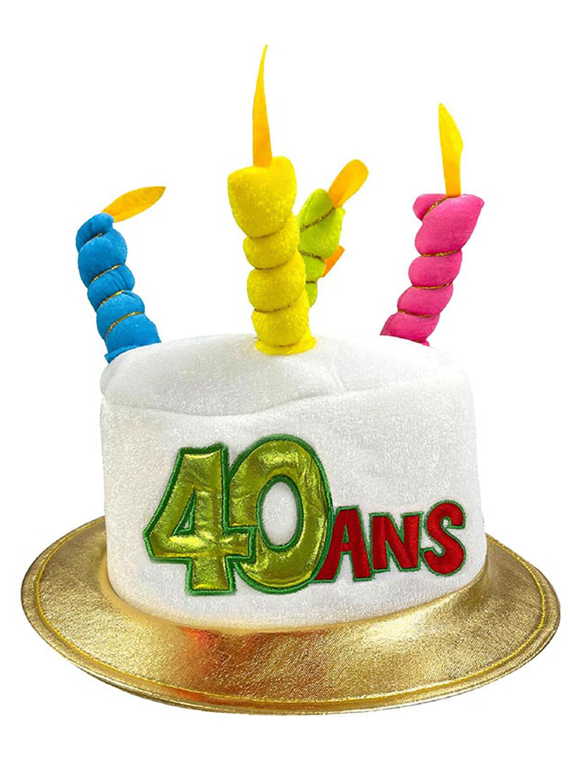 Chapeau anniversaire 40 ans pour adulte blanc en forme de gâteau avec bougies colorées