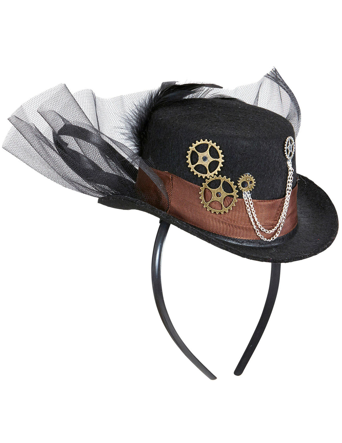 Vista de perfil do chapéu com véu steampunk para adulto