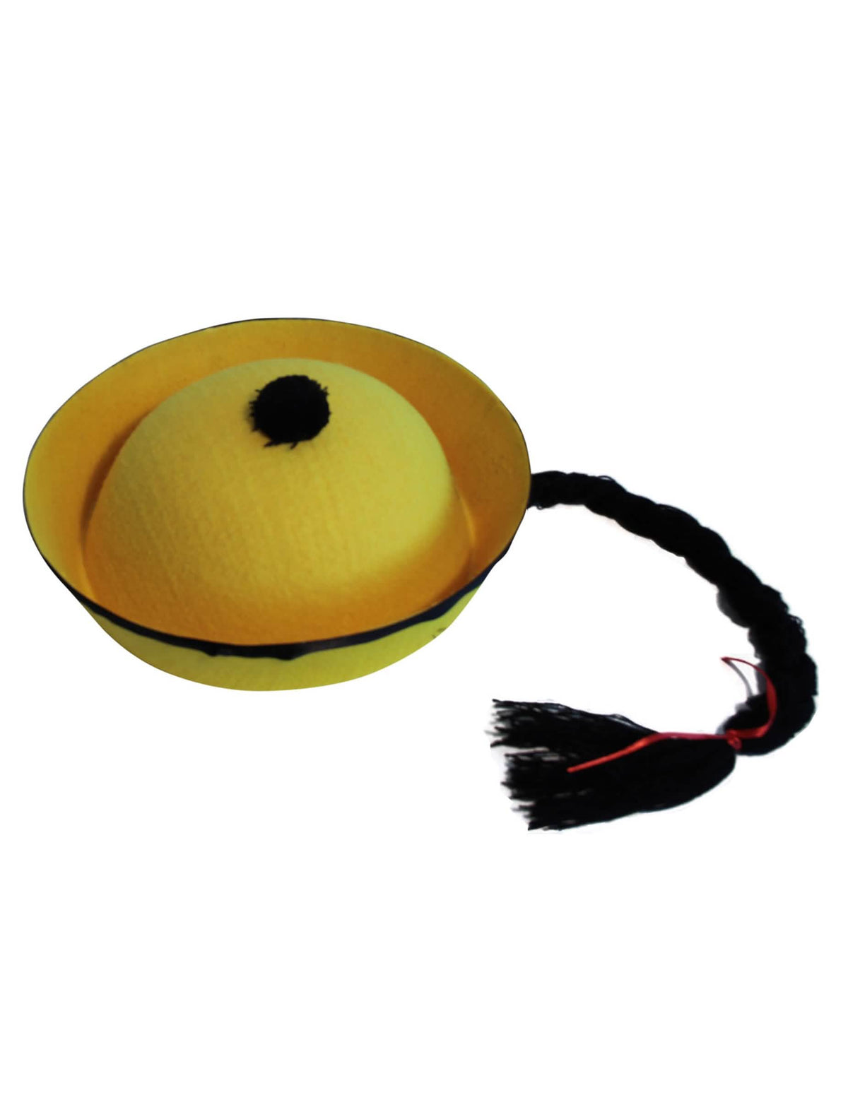 Chapéu chinês para adulto amarelo com trança preta