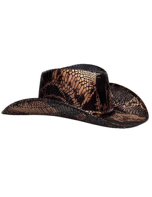 Vue de trois-quarts du chapeau cowboy peau de cobra