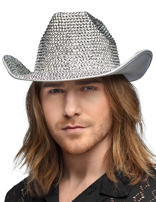 Vue de face du chapeau de cowboy pour adulte strass argenté