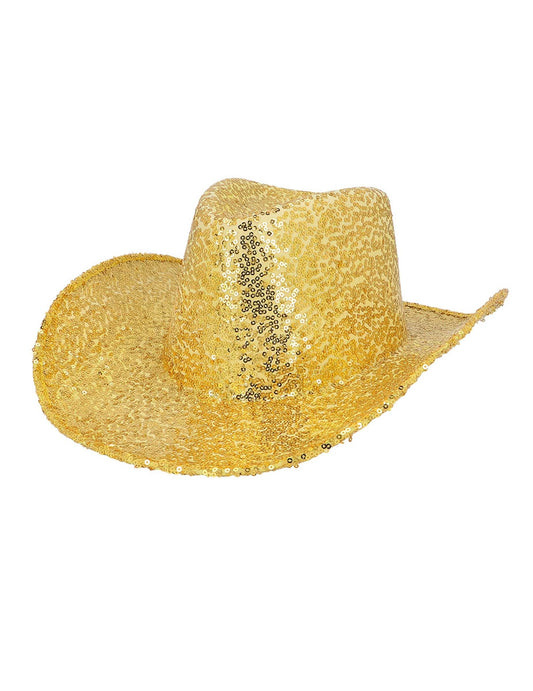 Vue de trois-quarts du chapeau de cowboy à sequins pour adulte doré