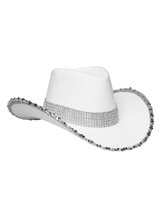 Vue de trois-quarts du chapeau de cowboy blanc à strass pour adulte