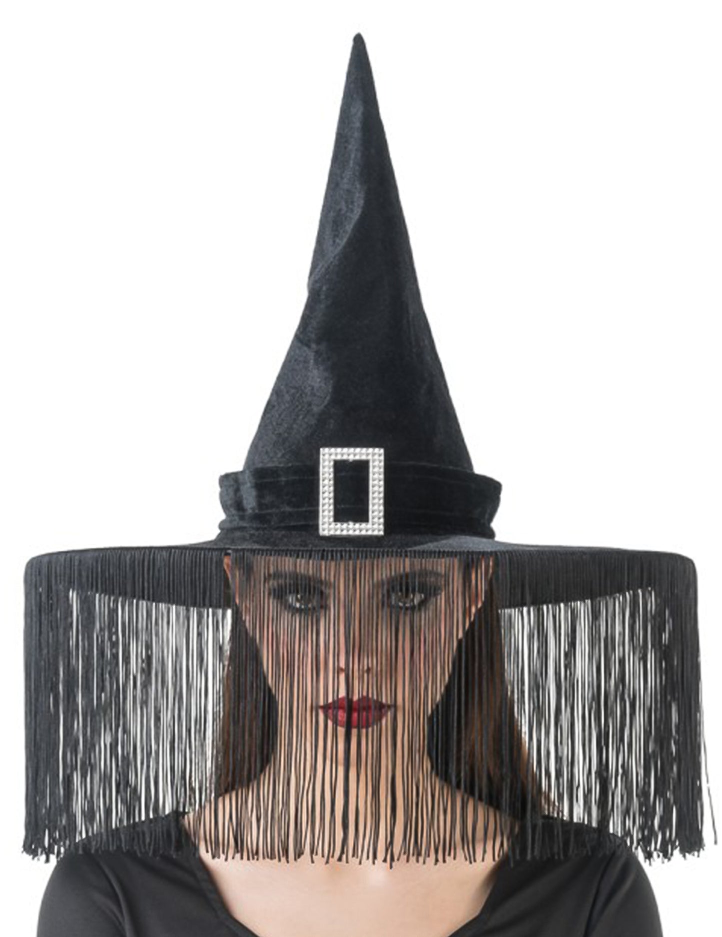 Chapéu de bruxa preto com franjas adulto