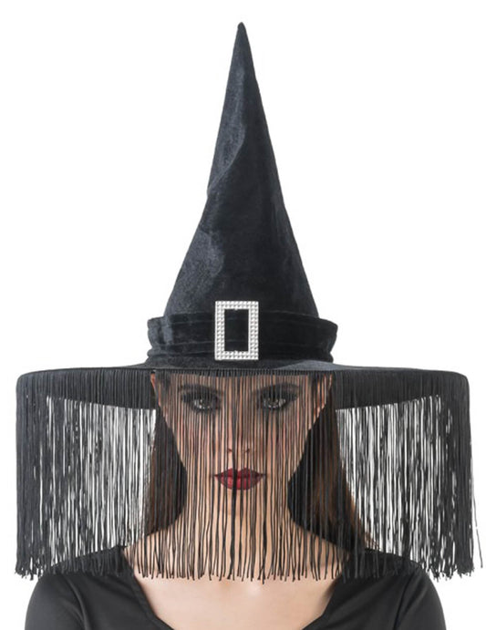 Chapéu de bruxa preto com franjas adulto