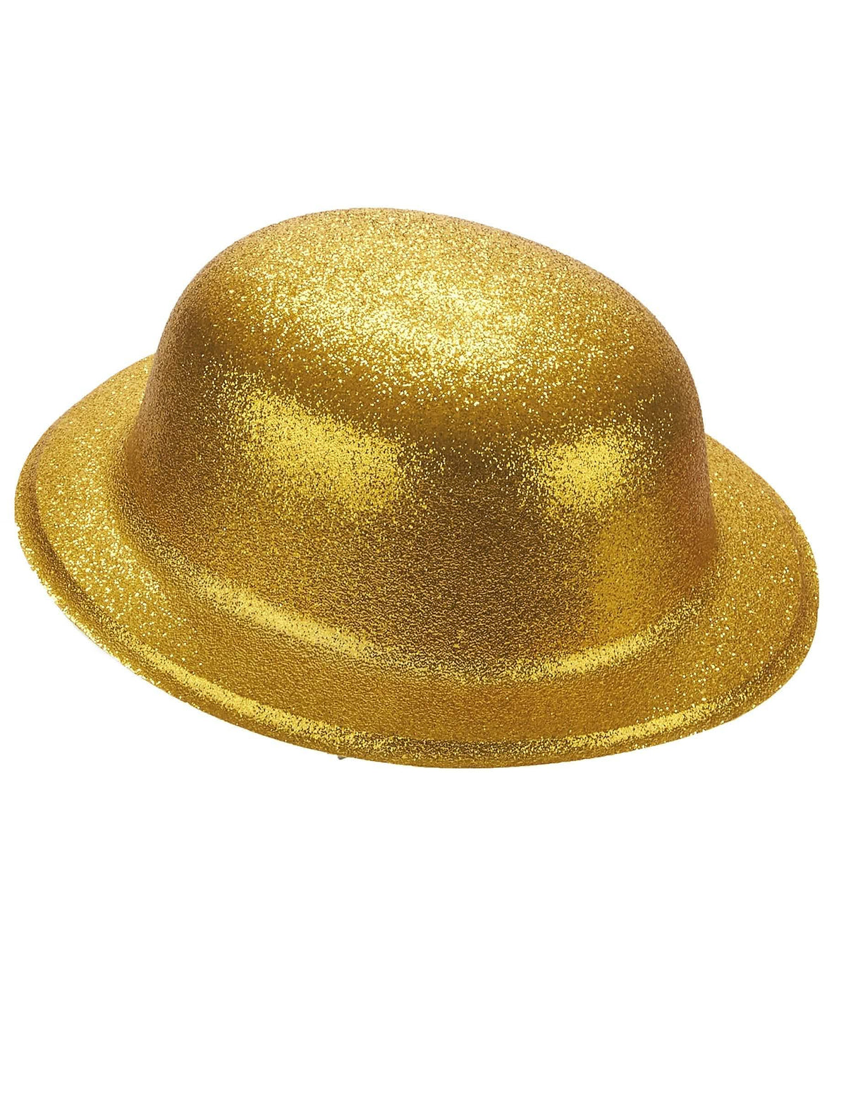Vista de perfil do chapéu-coco com lantejoulas para adulto dourado