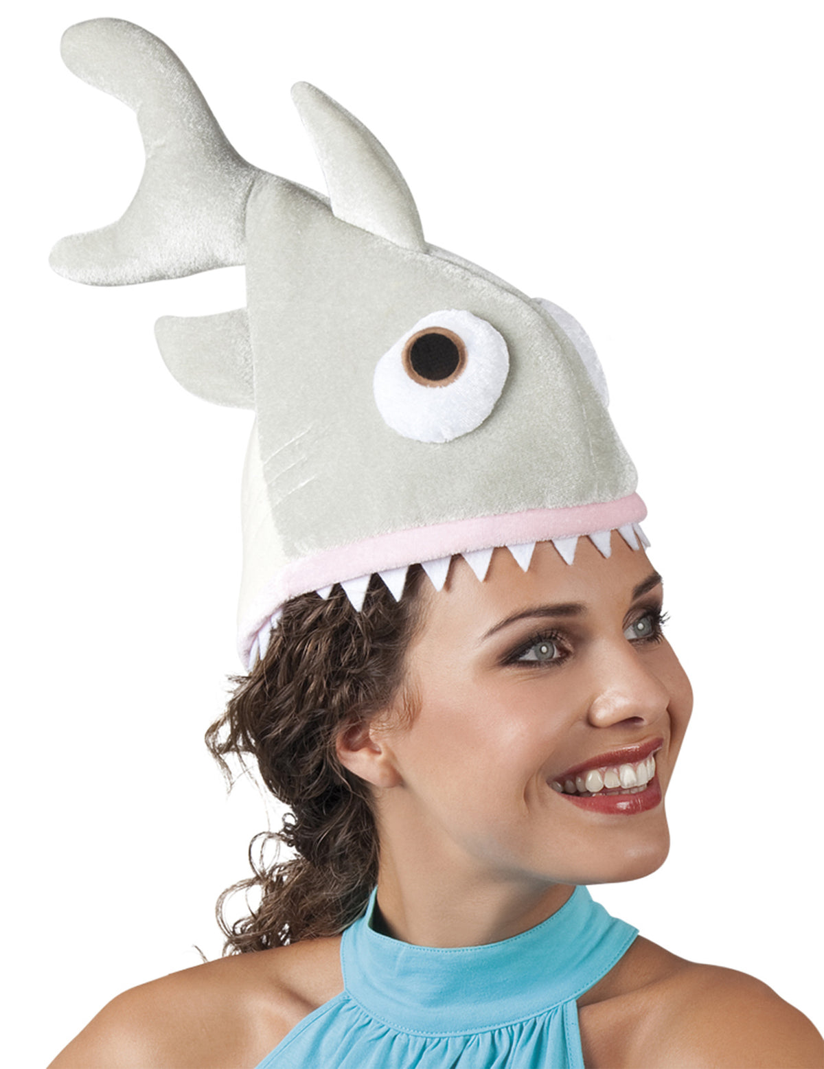 Vue de profil du chapeau petit requin en peluche pour adulte