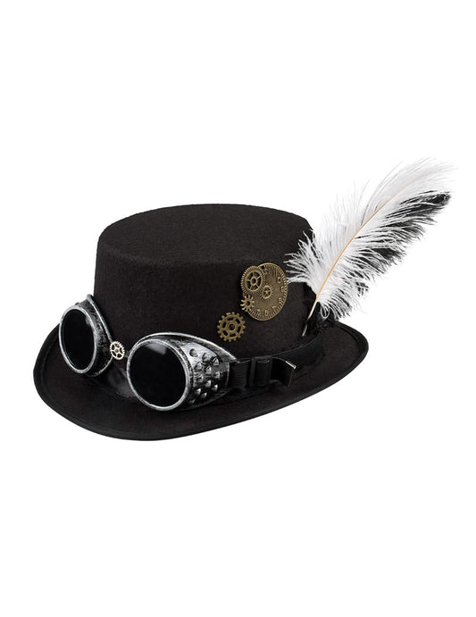 Vue de trois-quarts avec rouages et plumes du chapeau Steampunk