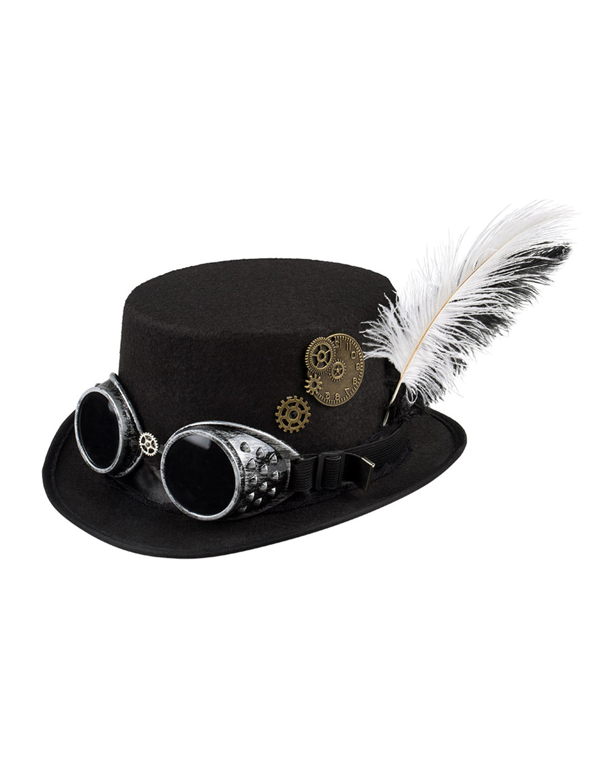 Vue de trois-quarts avec rouages et plumes du chapeau Steampunk