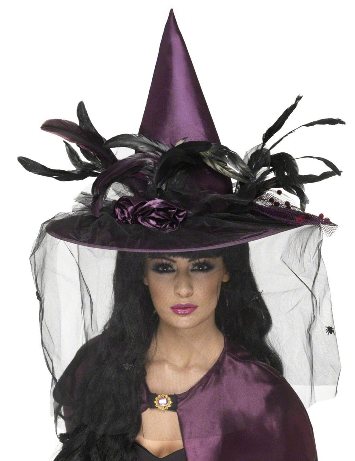 Chapéu de bruxa de luxo para mulher roxo com plumas e véu pretos