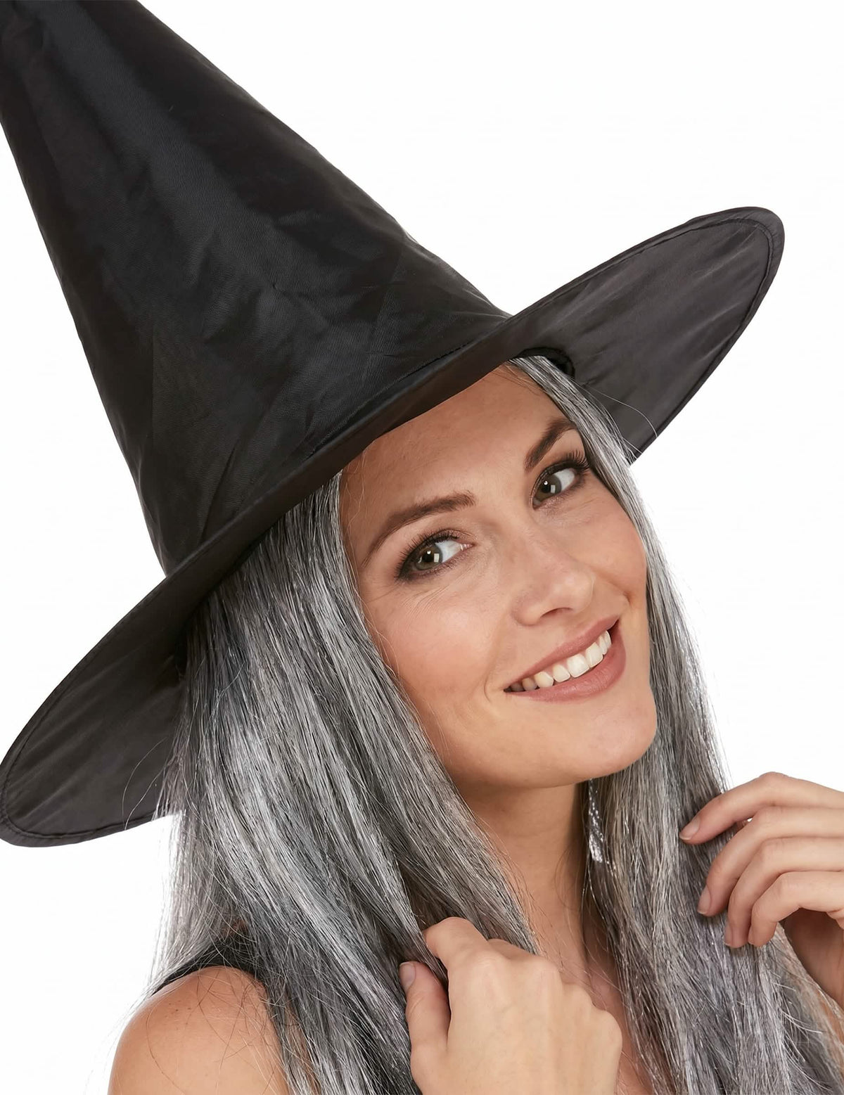 Chapéu de bruxa preto com peuca cinzenta adulto Halloween