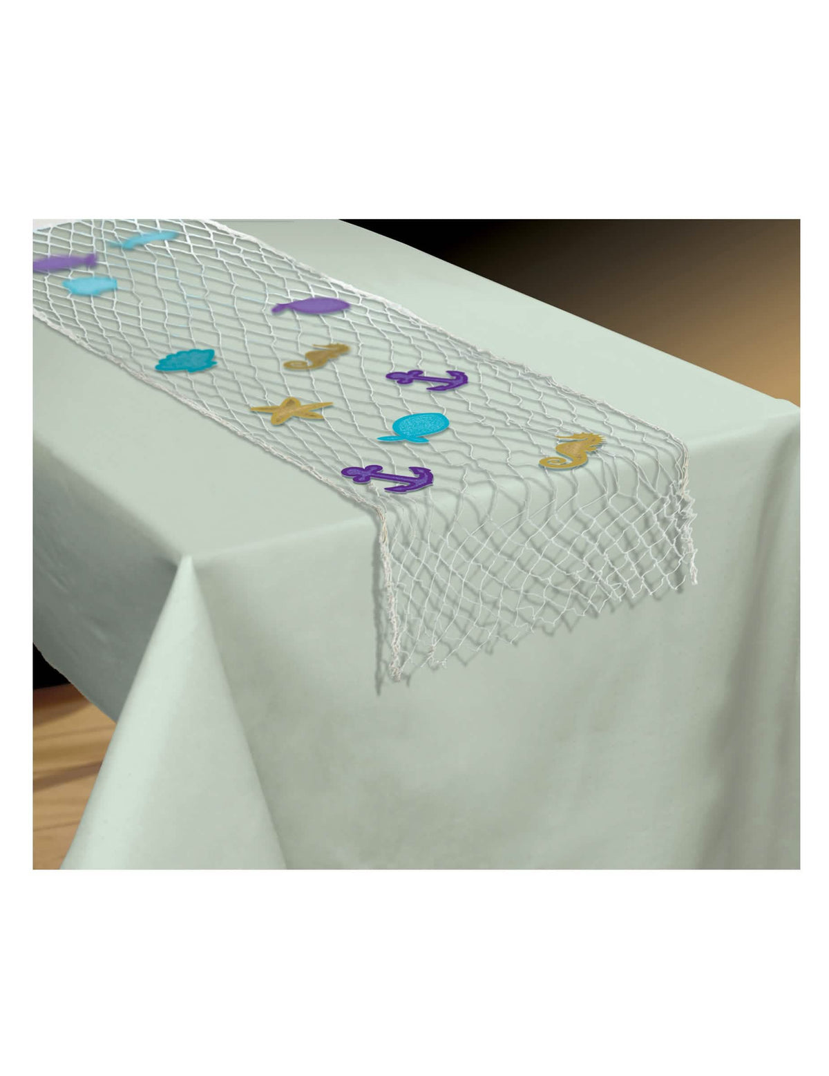 Trilho de mesa em rede de pesca branco decorado com motivos marinhos coloridos