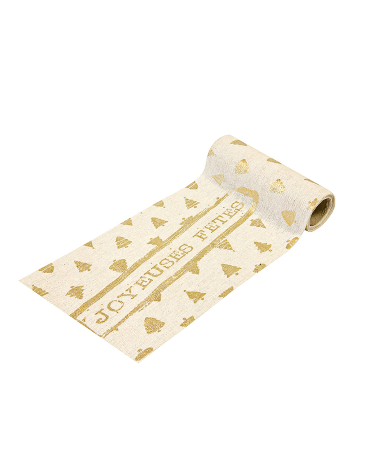 Caminho de mesa Joyeuses Fêtes para decoração de festa em toile naturelle dourado motivos de pinheiros