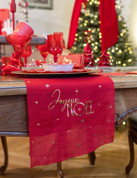 Caminho de mesa Feliz Natal intemporal vermelho e dourado 28 cm x 3 m