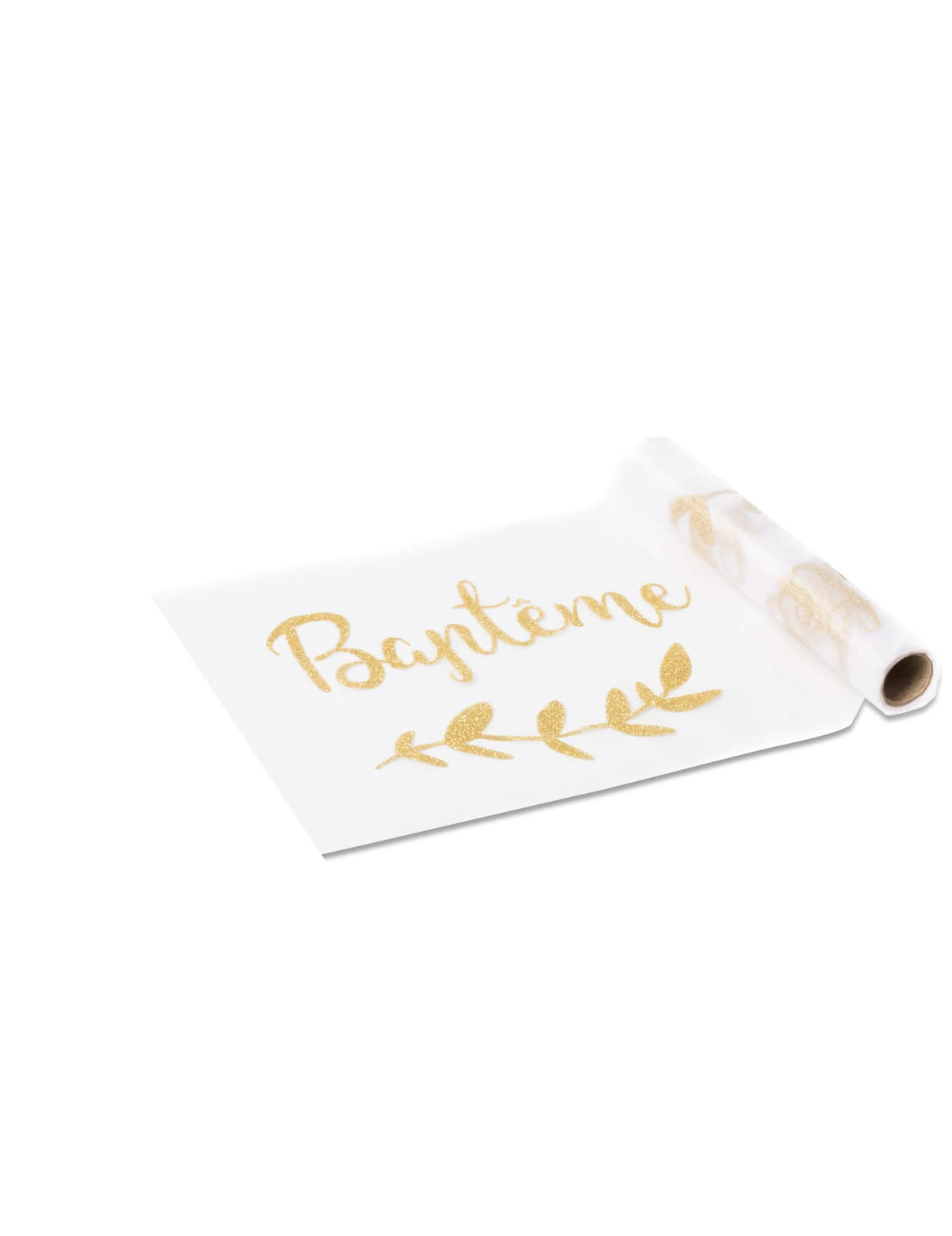 Caminho de mesa em organza com motivos de louro para baptizado com lantejoulas douradas