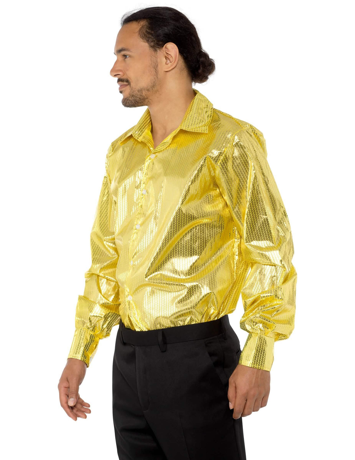 Vista de três quartos da camisa disco para homem com lantejoulas douradas