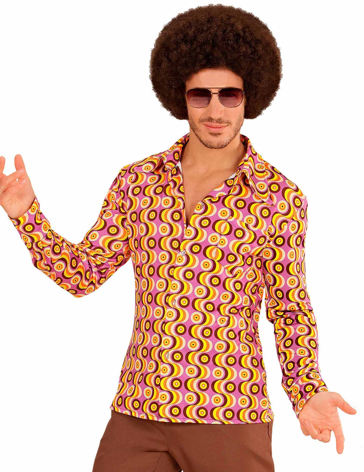 Chemise groovy disco années 70 pour homme rose et orange à motifs cercles psychédéliques
