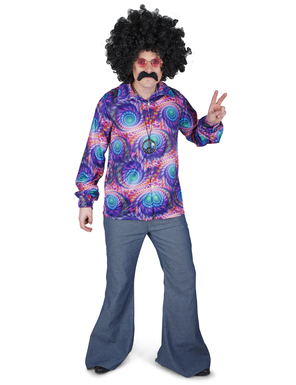 Vue d'ensemble du look complet avec la chemise hippie psychédélique