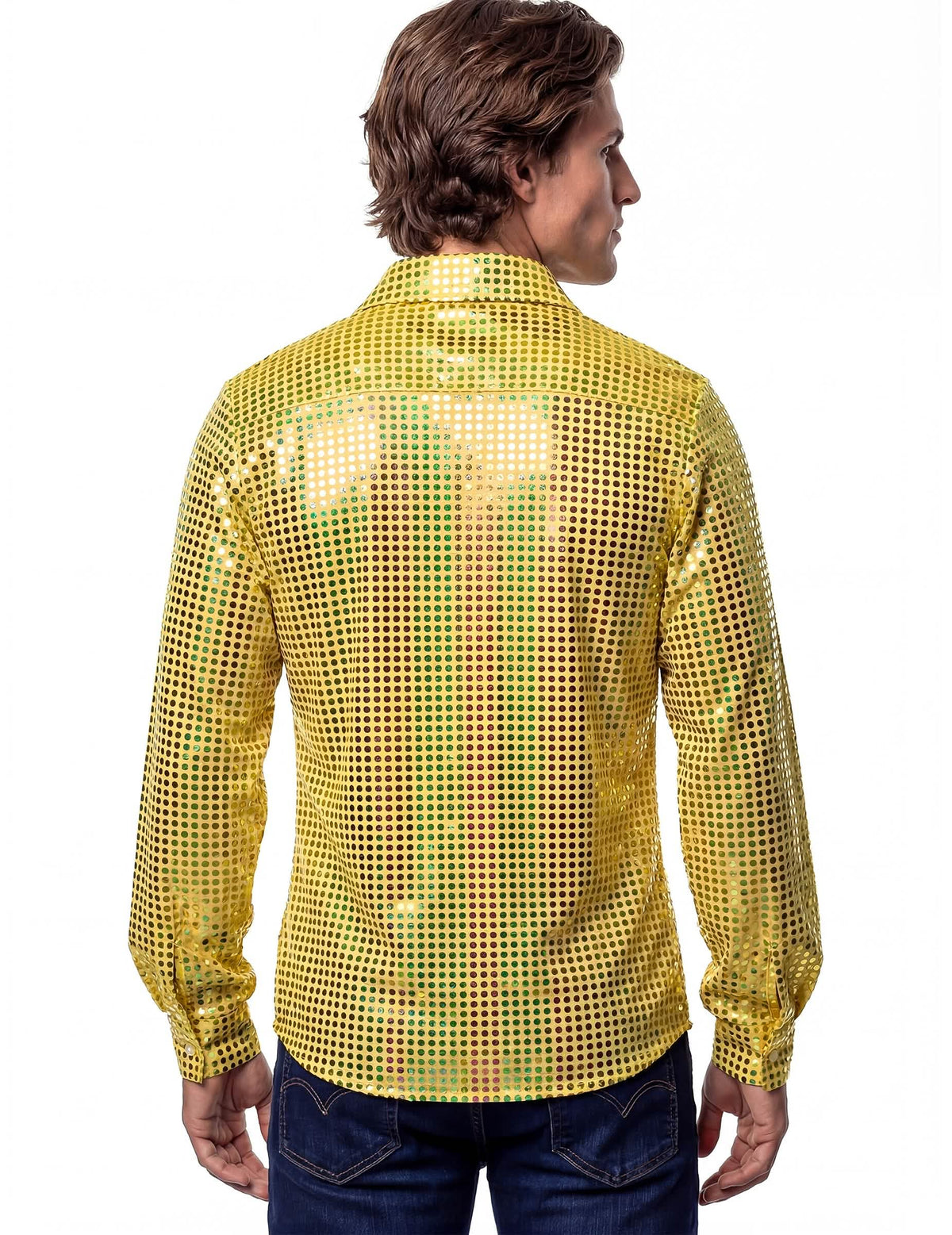 Vista de costas da camisa disco para homem amarelo gama alta com lantejoulas