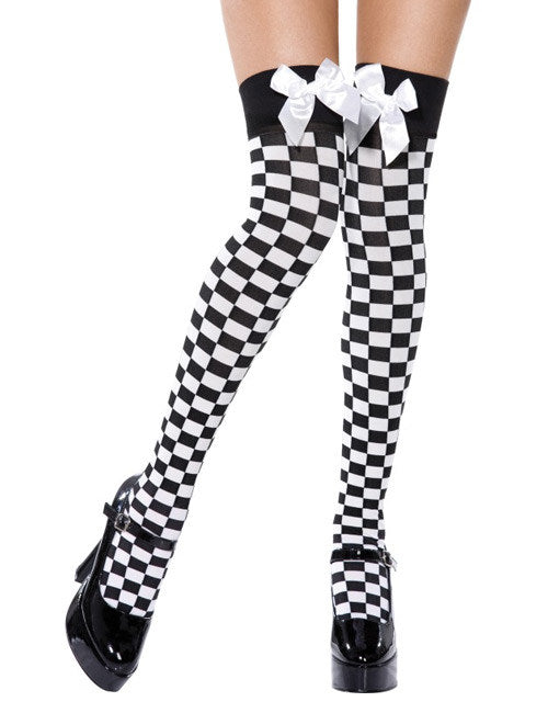 Bas damier avec noeud blanc pour femme noir et blanc