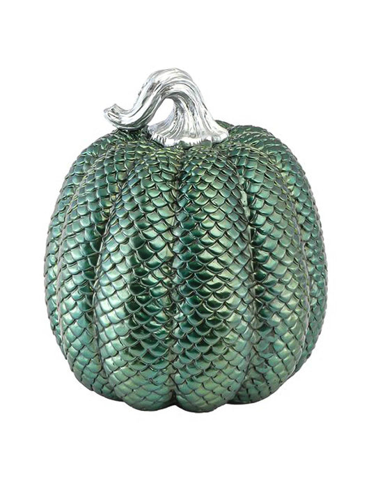 Abóbora decorativa em resina textura pele de cobra verde iridescente 16,5 x 16,5 x 20 cm
