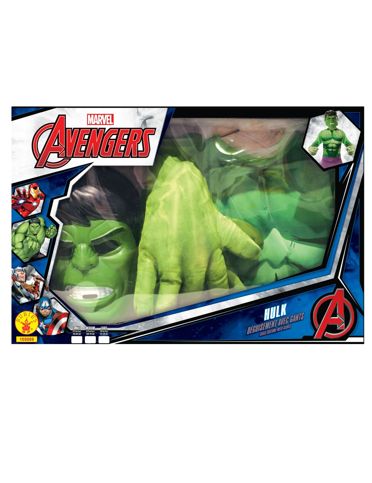 Vista da embalagem com máscara e luvas do conjunto clássico Hulk com luvas gigantes para menino