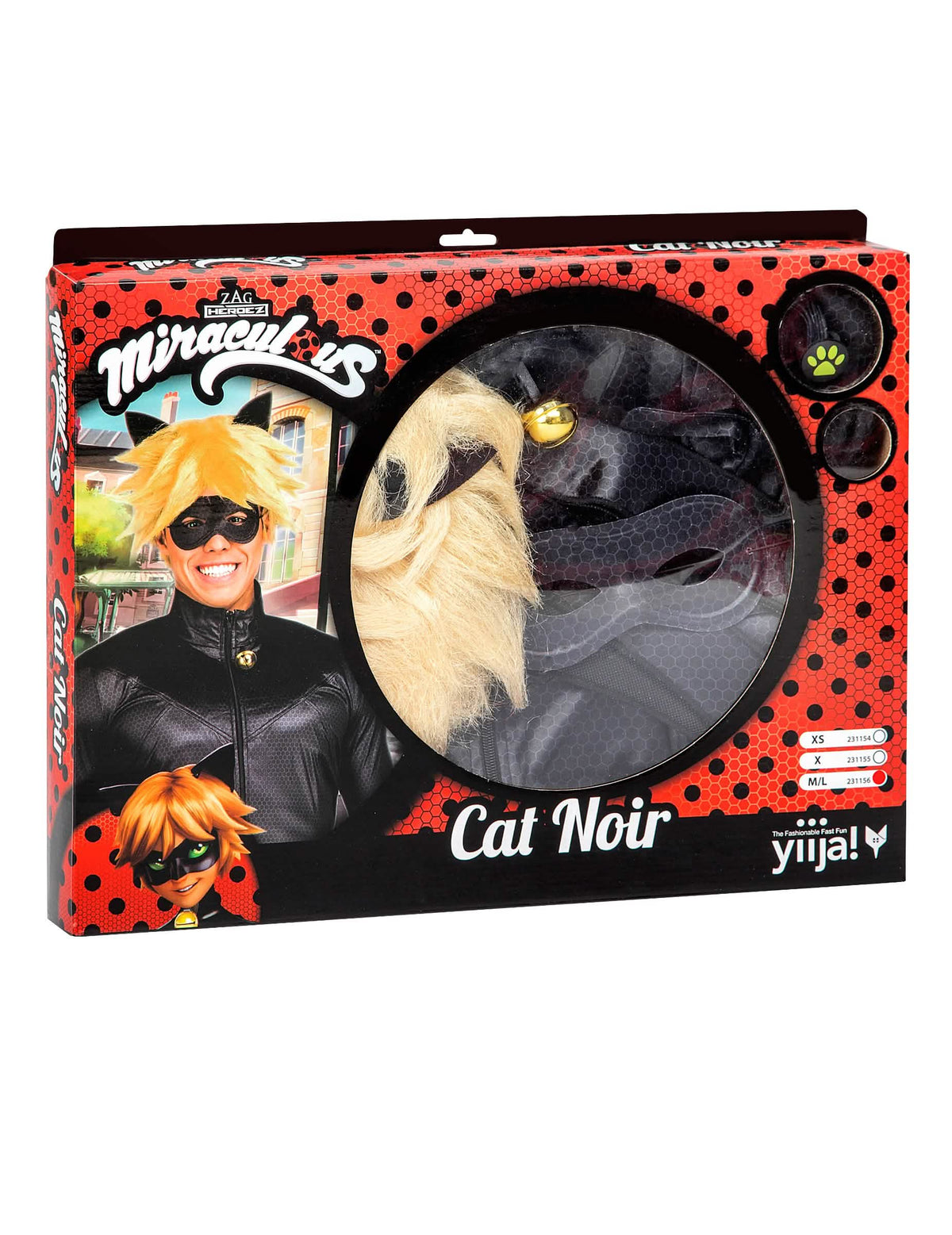 Caixa de embalagem do conjunto de disfarce gato preto Miraculous para adulto