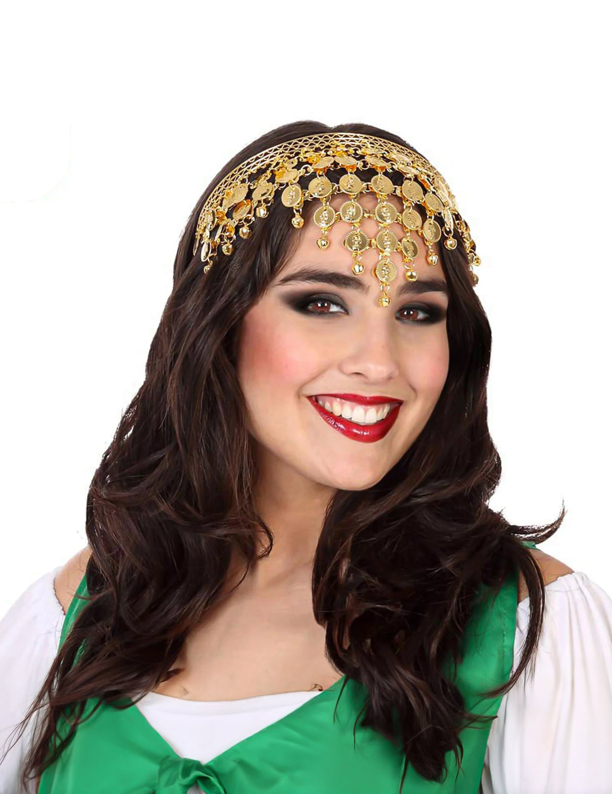 Coifa boémia gipsy para adulto dourada com moedas