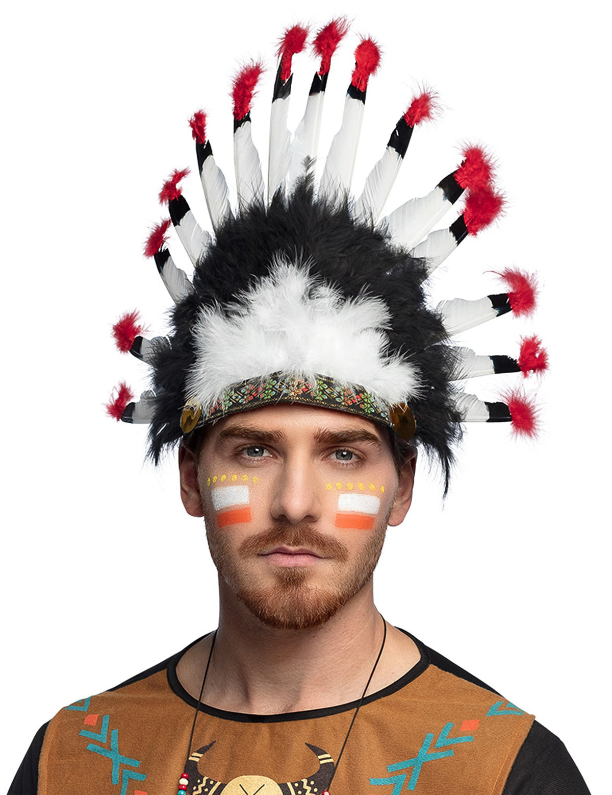 Coiffe d'indien à plumes pour adulte noir blanc et rouge