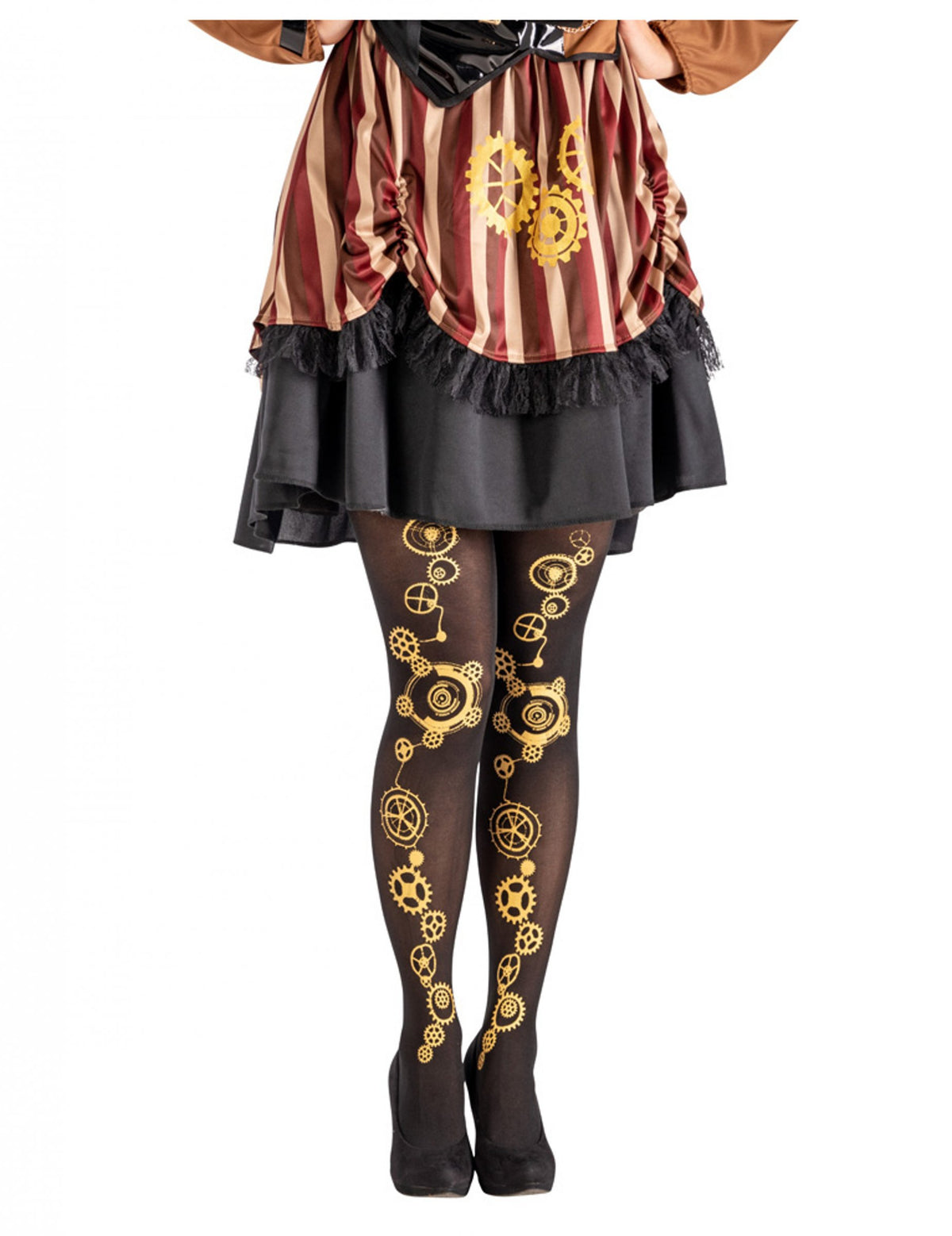 Collants steampunk para mulher preto com motivos de engrenagens douradas