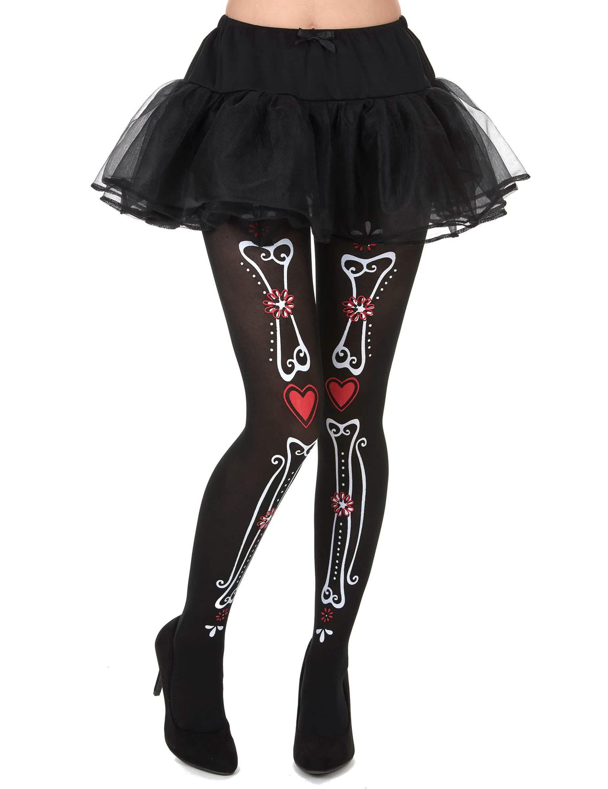 Collants de esqueleto Dia de los muertos para mulher pretos com motivos de ossos e flores vermelhas