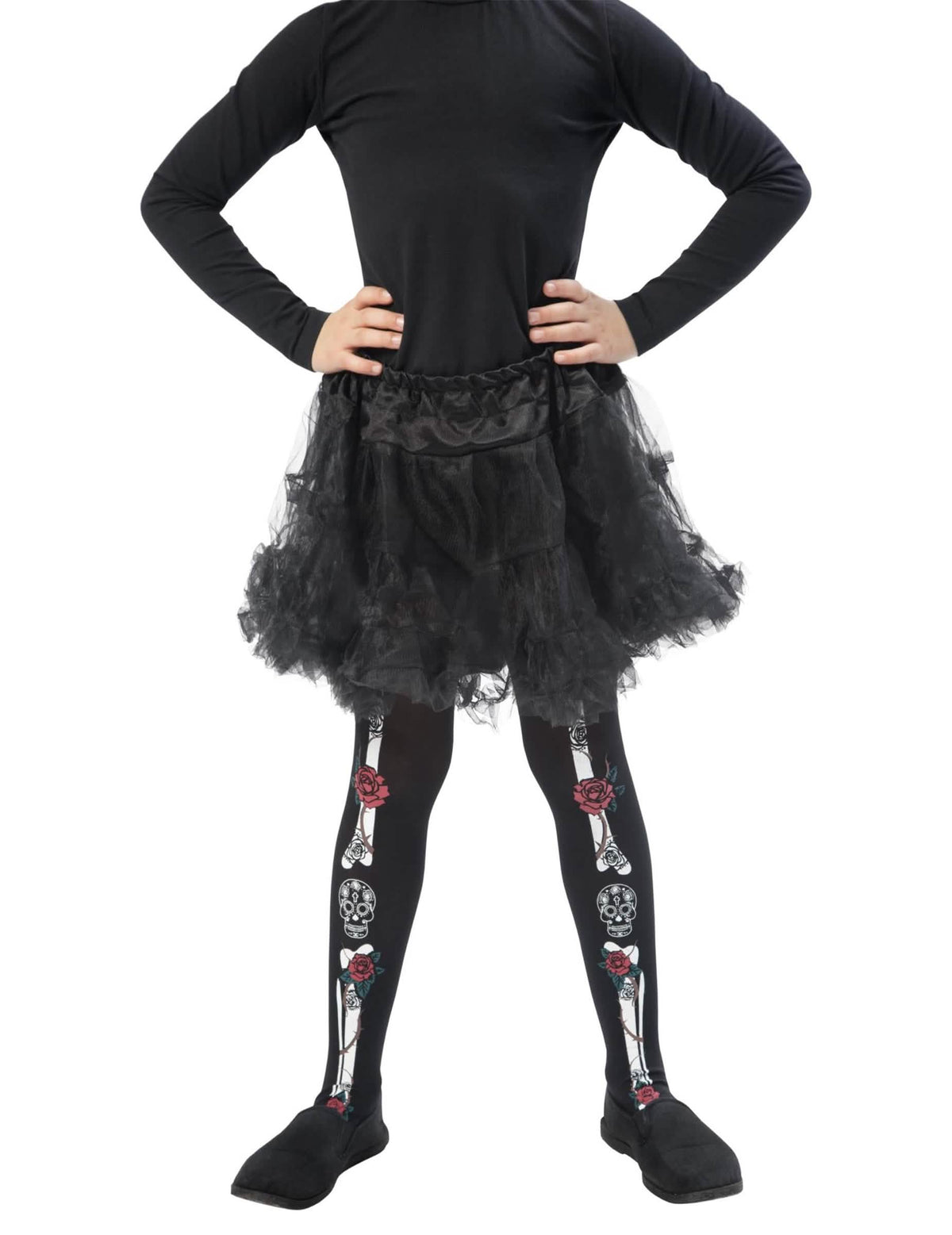 Collants esqueleto Dia de los muertos para criança preto com padrões de ossos e rosas