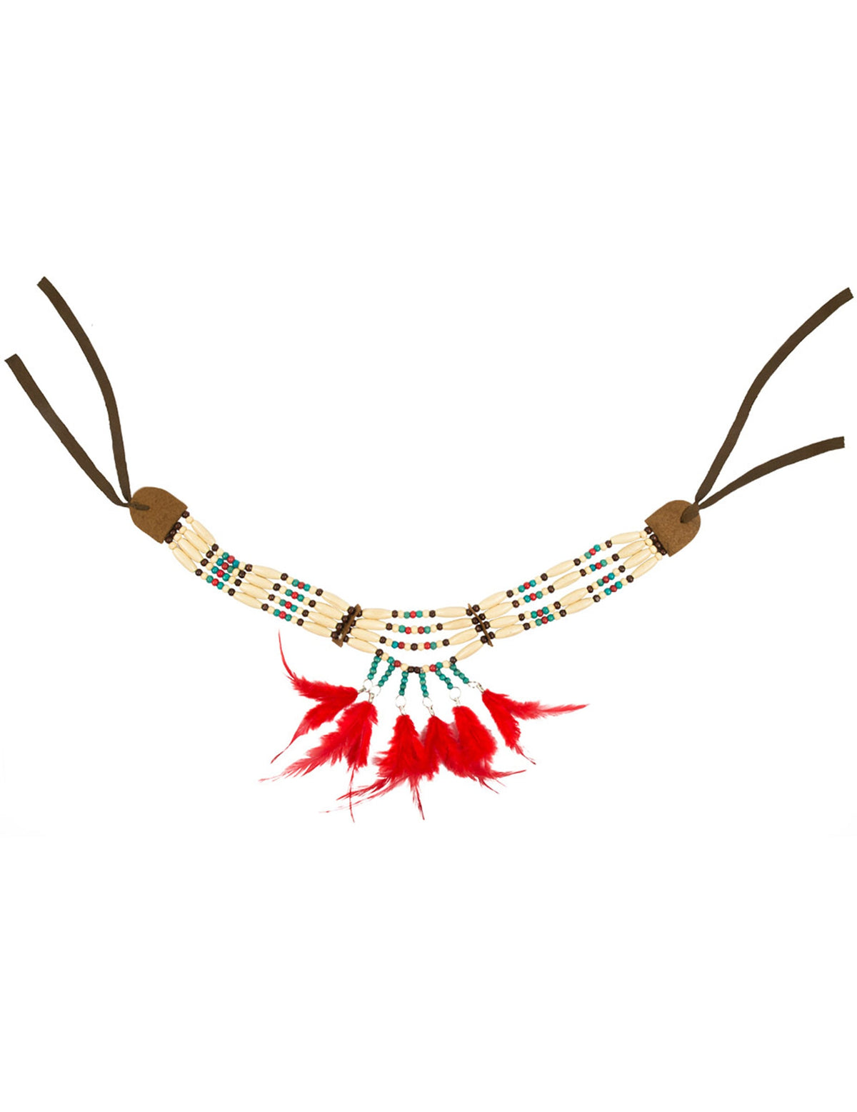 Vue d'ensemble du collier indien avec plumettes rouges