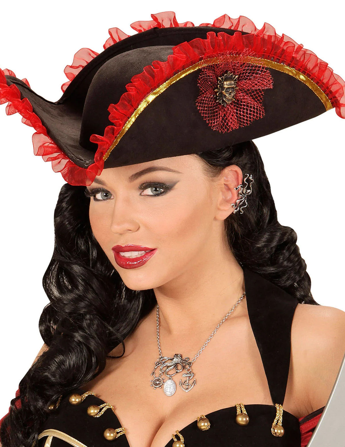 Collier pirate avec breloques pour femme argenté avec pendentifs pieuvre et ancre