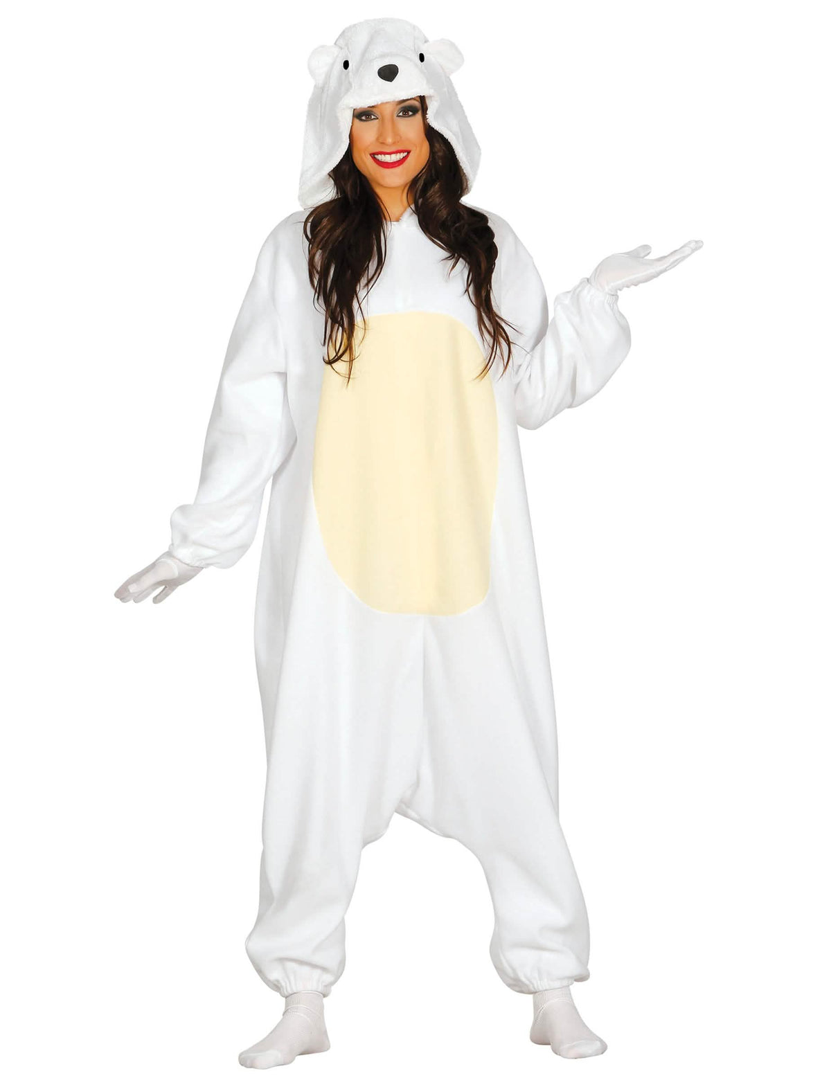 Fato de urso polar para mulher branca com barriga amarela