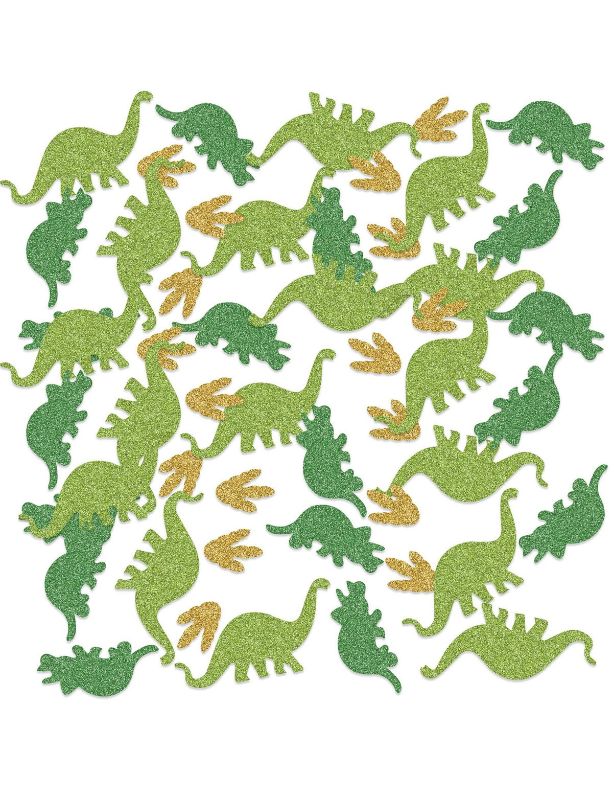 confettis de mesa dinossauros com brilhantes para festa verdes e dourados