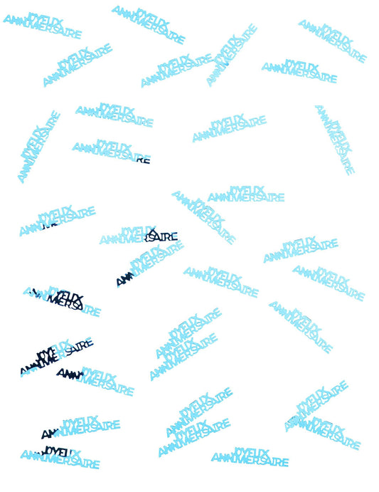 Vue d'ensemble des confettis de table en bois Joyeux Anniversaire turquoise