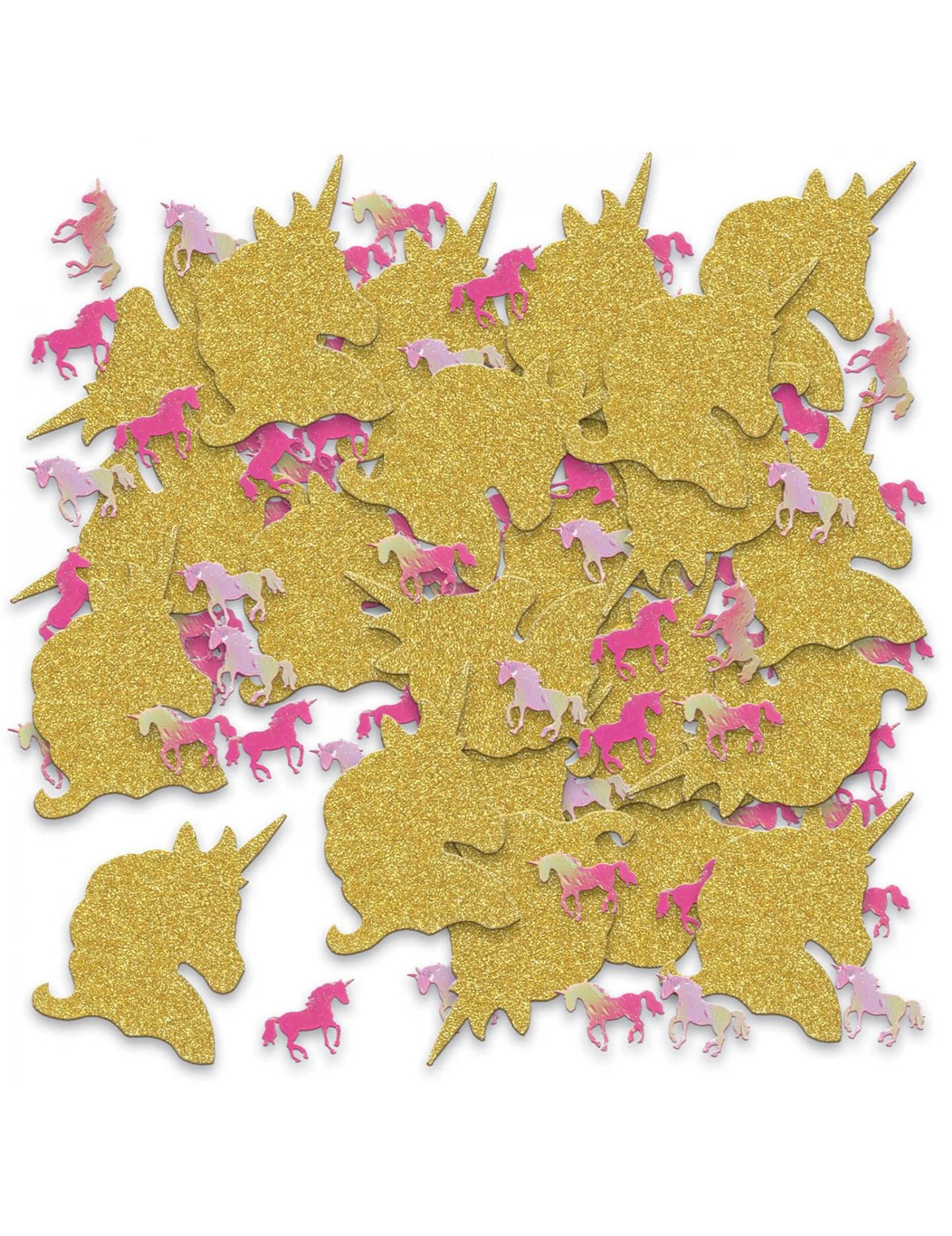 confettis de mesa unicórnio dourado com purpurina e cor de rosa