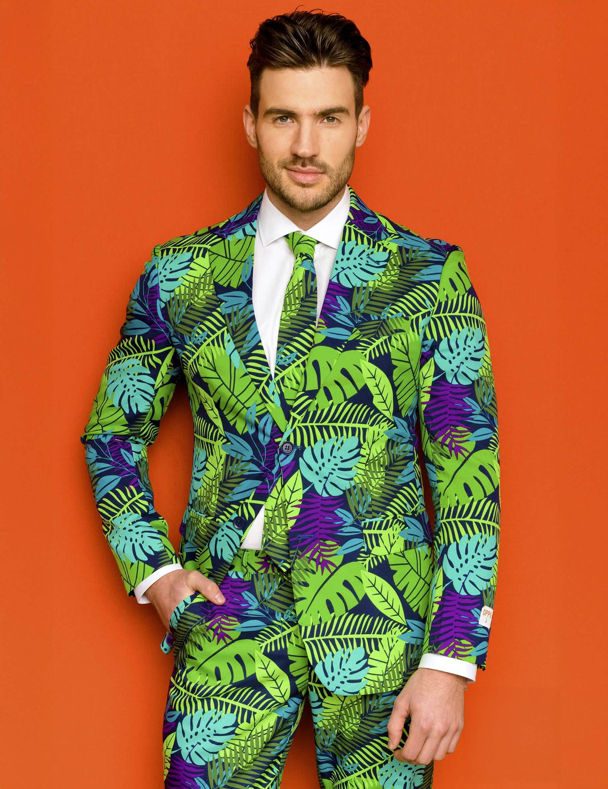 Vista frontal do fato Mr. Juicy selva para homem